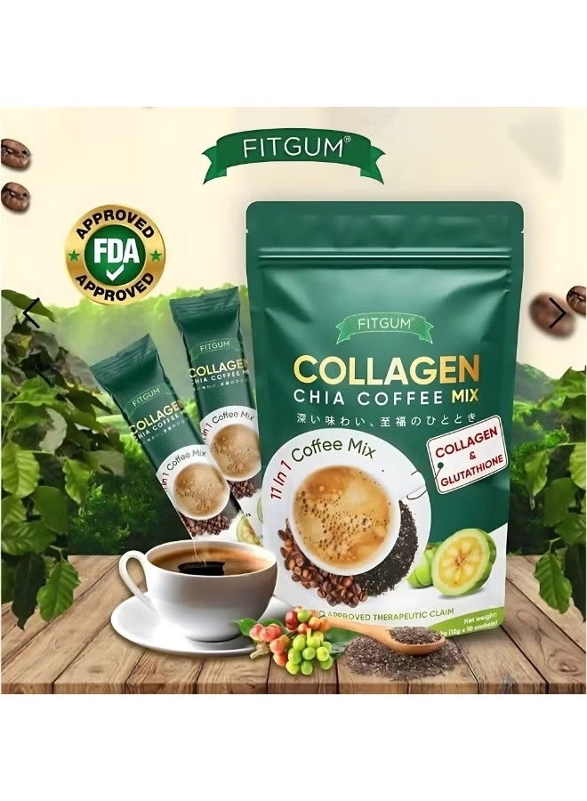 FITGUM Collagen Chia Coffee Mix 11-in-1 | Instant Coffee with Collagen, Chia Seeds & Garcinia | Low Sugar Coffee Drink | 10 Sachets - Image 2